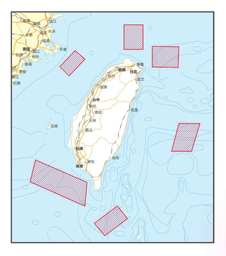 A map released by China's state media showing the six regions where the People's Liberation Army will conduct drills from August 4 to 7, 2022.
