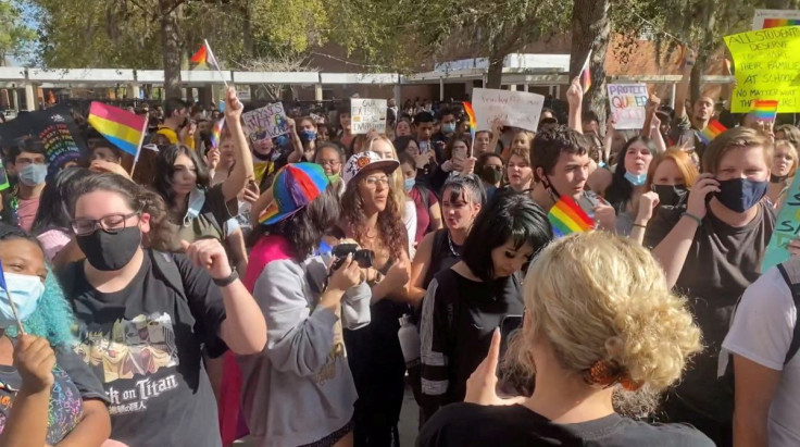 Students gather to protest after Florida's House of Representatives approved a Republican-backed bill that would prohibit classroom discussion of sexual orientation and gender identity, in Winter Park, Florida, U.S., March 7, 2022 in this still image obta