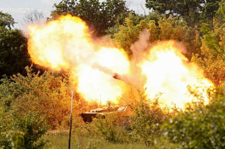 A self-propelled howitzer 2S1 Gvozdika of pro-Russian troops fires a leaflet shell in the direction of Sievierodonetsk to disperse information materials from their combat positions in the Luhansk region, Ukraine May 24, 2022.