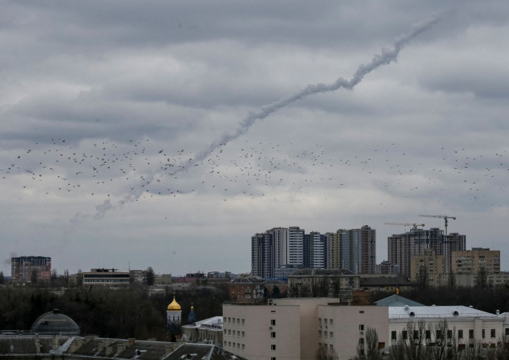 A trail of rocket smoke is seen in the sky over Kyiv, Ukraine March 5, 2022.