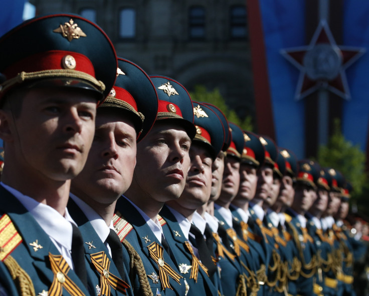 Russian servicemen march during the Victory Day parade in Moscow's Red Square on May 9, 2014. Russia celebrates the 1945 victory over Nazi Germany during World War Two on May 9.