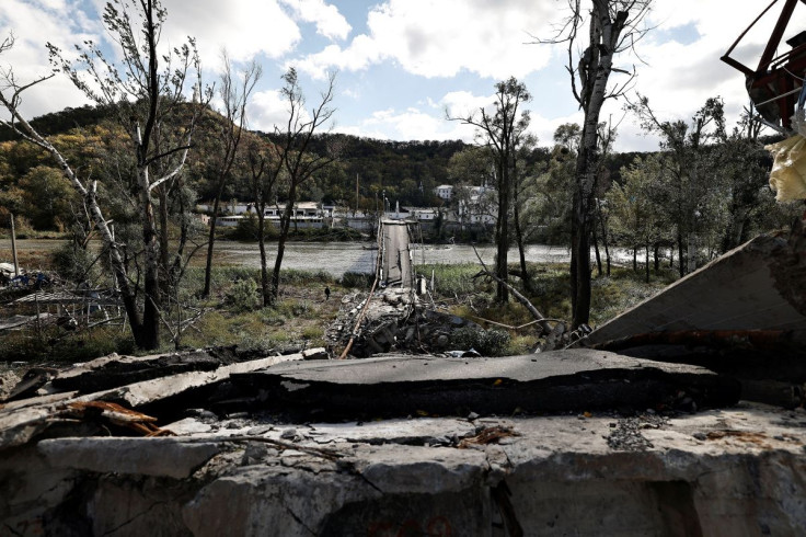 A bridge destroyed by a Russian Missile strike is seen in Svyatohirsk