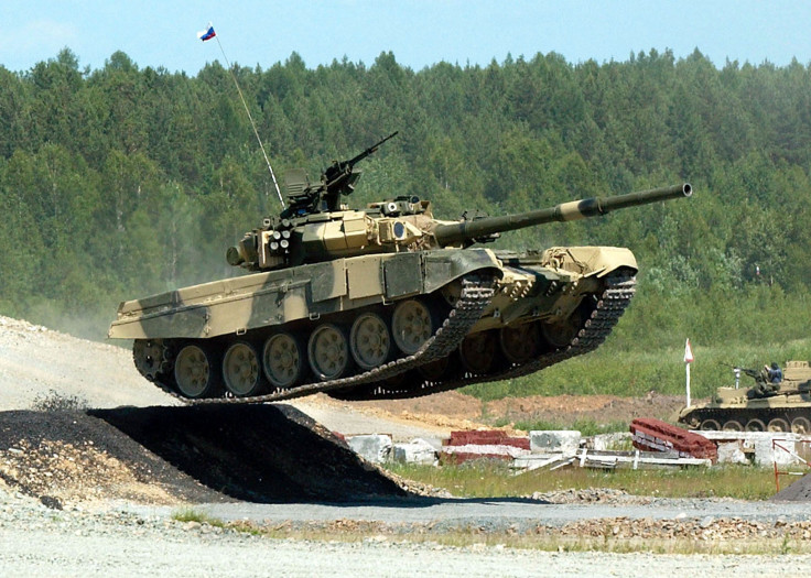 Russian tank T-90 demonstrated its capabilities during an exhibition on July 11, 2002, in the Urals town of Nizhny Tagil, 1,300 kilometers (800 miles) east of Moscow.