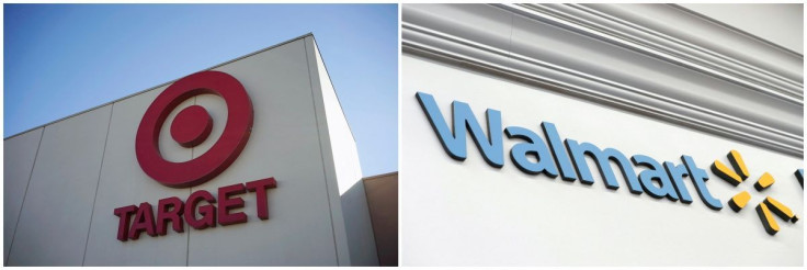 A combination picture shows a sign outside the Target store in Arvada, Colorado, on January 10, 2014, and a Walmart sign inside its department store in West Haven, Connecticut, U.S., February 17, 2021.