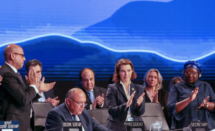 Sameh Shoukry, the Egyptian foreign minister, seated, reading a statement at the closing session of climate talks in Sharm el Sheikh.
