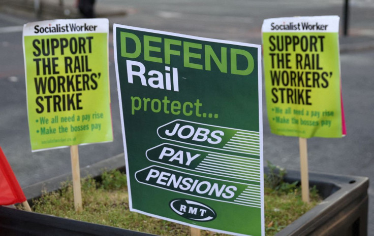 Placards are seen near a union picket line on the first day of a national rail strike at Manchester Piccadilly Station in Manchester, Britain, June 21, 2022.