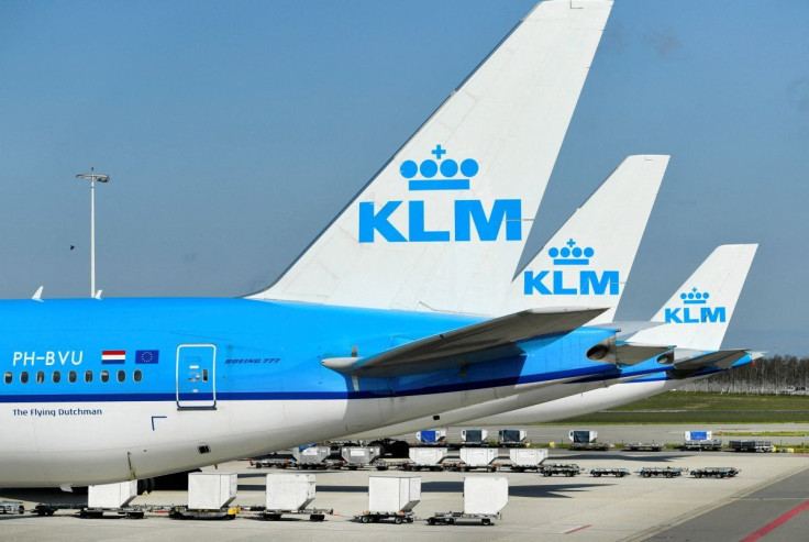 KLM airplanes are seen parked at Schiphol Airport in Amsterdam, Netherlands April 2, 2020.