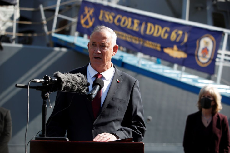 Israeli Defence Minister Benny Gantz speaks to media during his visit to 5th Fleet Headquarters Navy Base in Juffair, Bahrain, February 3, 2022.