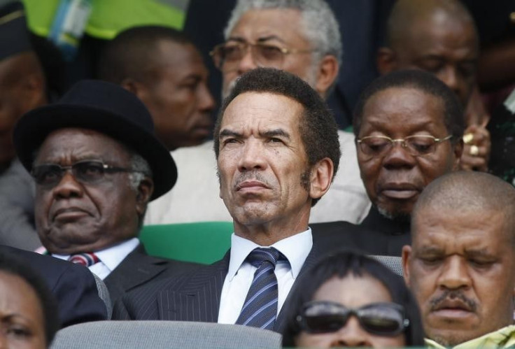 Botswana President Ian Khama is flanked by Namibia's President Hifikepunye Pohamba ( L) and Malawi's former president, Bakili Muluzi (R, with glasses) during the ANC's centenary celebration in Bloemfontein Jan. 8, 2012.