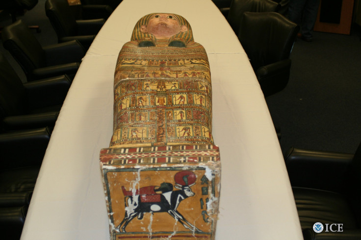 U.S. Immigration and Customs Enforcement (ICE) repatriated dozens of illegally smuggled ancient artifacts to the government of Egypt, including a Greco-Roman style Egyptian sarcophagus, at a ceremony Wednesday at the National Geographic Society in Washing