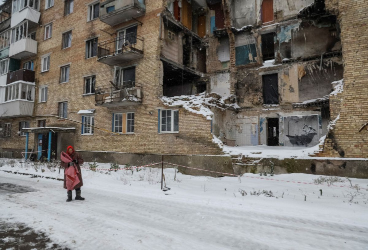 Banksy artwork on destroyed building in Ukrainian village of Horenka