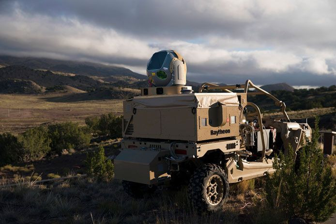 A Raytheon-built, mobile, high-energy laser system. The company's advanced high-power microwave and high-energy laser defeated dozens of drone targets in a U.S. Air Force demonstration at the White Sands Missile Range in New Mexico.