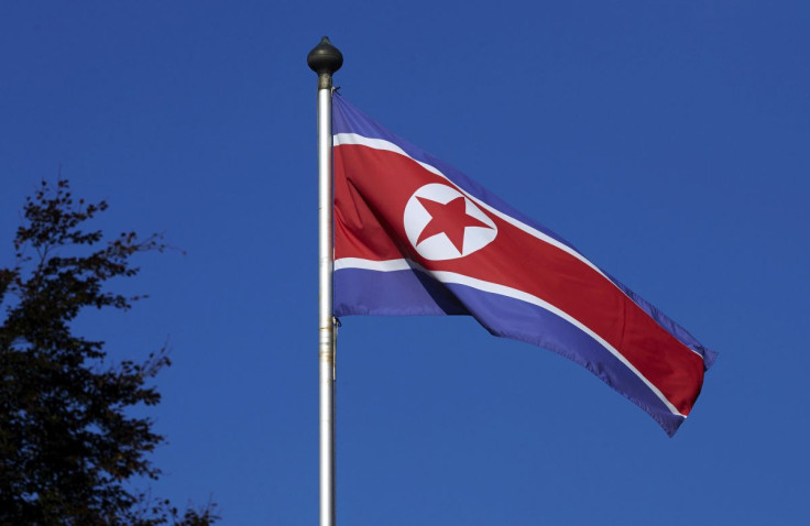 North Korean flag flies on a mast at the Permanent Mission of North Korea in Geneva