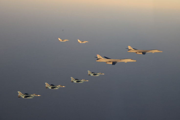 Japan Air Self-Defense Force's F-2 fighters hold a joint military drill with U.S. B-1B bombers and F-16 fighters off Japan's southernmost main island of Kyushu, Japan