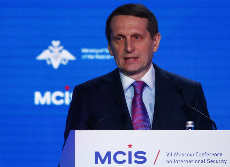 Sergey Naryshkin, the head of Russia’s foreign intelligence agency, delivers a speech during the annual Moscow Conference on International Security in Moscow