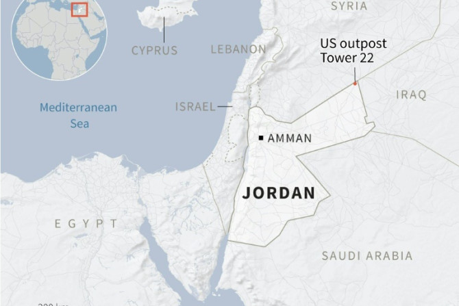 Map locating US outpost Tower 22 in Jordan where three American troops were killed in a drone attack on Sunday
