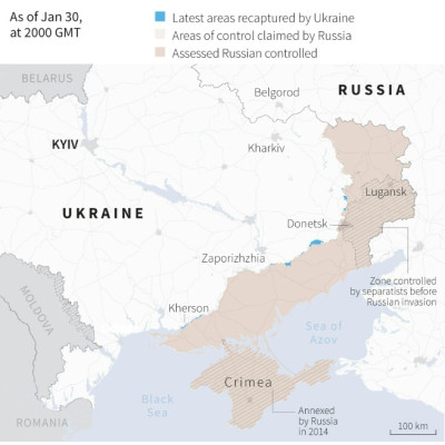 Map of areas controlled by Ukrainian and Russian forces in Ukraine, as of January 30, 2000 GMT