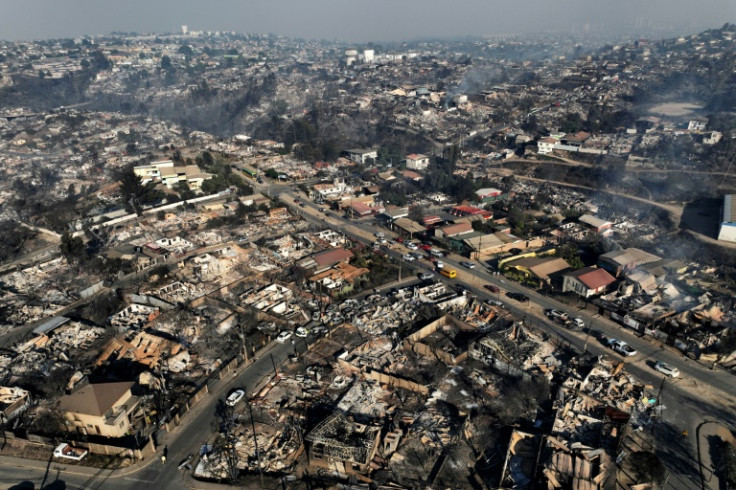 Aerial view of the aftermath of a fire in the hills around Vina del Mar, Chile