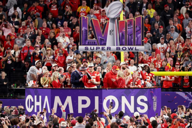 Patrick Mahomes holds aloft the Lombardi Trophy after leading the Kansas City Chiefs to an overtime victory over the San Francisco 49ers on Sunday