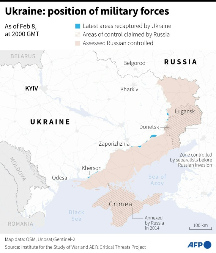 Map of areas controlled by Ukrainian and Russian forces in Ukraine, as of February 8, 2000 GMT