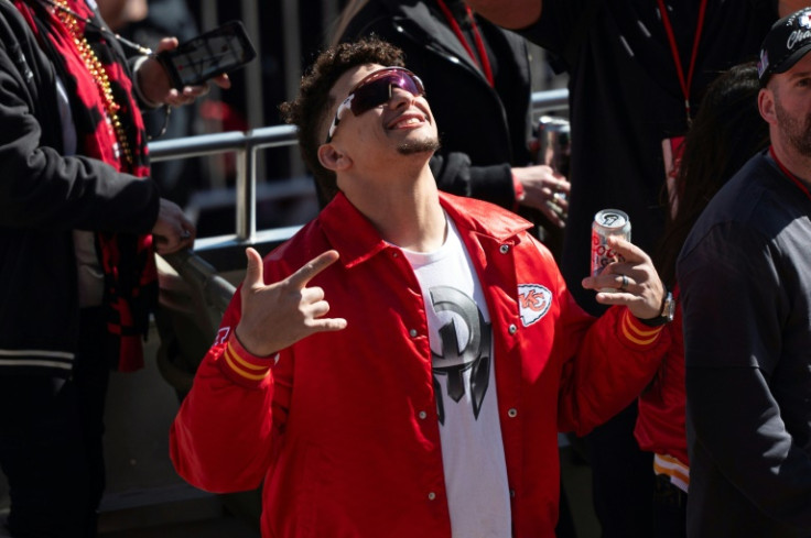 Kansas City Chiefs quarterback Patrick Mahomes soaks up the applause on Wednesday's Super Bowl victory parade