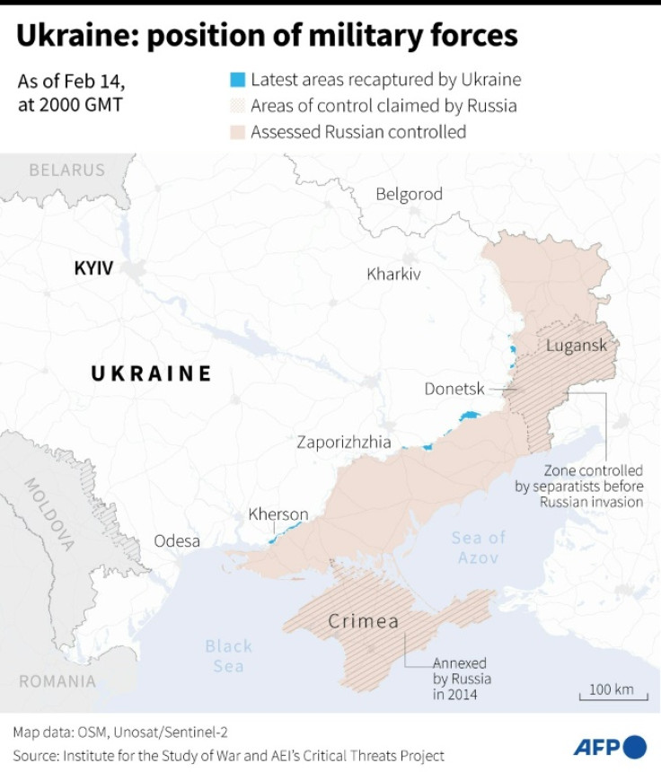 Map of areas controlled by Ukrainian and Russian forces in Ukraine, as of February 14, 2000 GMT