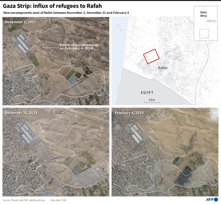 Satellite photographs taken on November 3, December 31 and February 4 showing the increase of Palestinian refugees camped near Rafah in the Gaza Strip