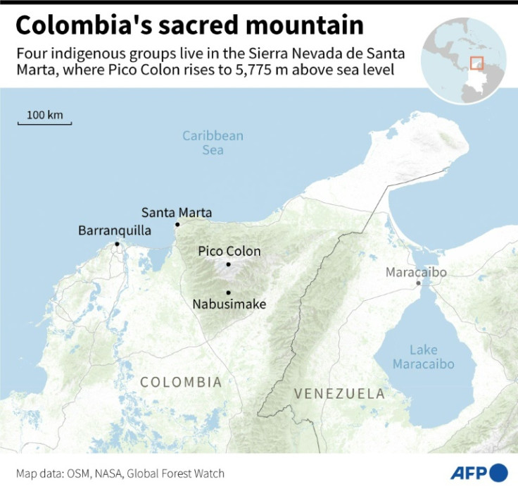 Map of Colombia showing the town of Nabusimake and Pico Colon, the highest peak in the country at 5,775 metres above sea level, in the Sierra Nevada de Santa Marta