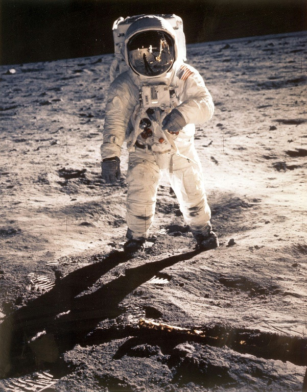 US Astronaut Edwin "Buzz" Aldrin is shown walking near the Lunar Module on July 20, 1969, during the Apollo 11 space mission