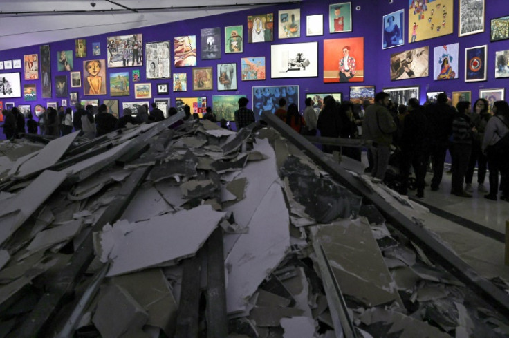 In the main exhibition hall, a pile of rubble evokes the destruction that has befallen Gaza