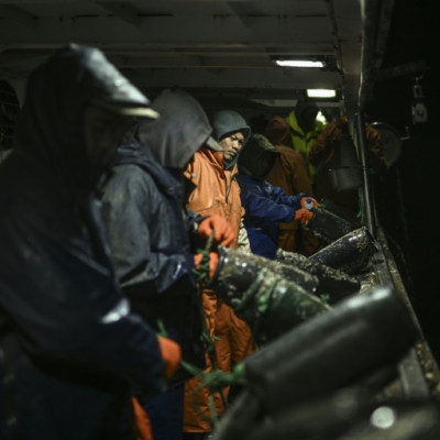 Indonesia fishermen aboard the trawler 'O Fugitivo' off the village of Caxinas near Porto