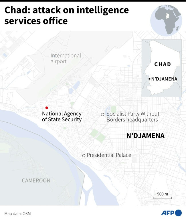 Map showing the location of Chad's intelligence services in the capital N'Djamena, which was the target of an attack, the government said Wednesday.