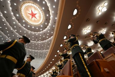 The People's Liberation Army (PLA) band performs ahead of the opening ceremony of the Chinese People's Political Consultative Conference (CPPCC) at the Great Hall of the People in Beijing on March 4, 2024.