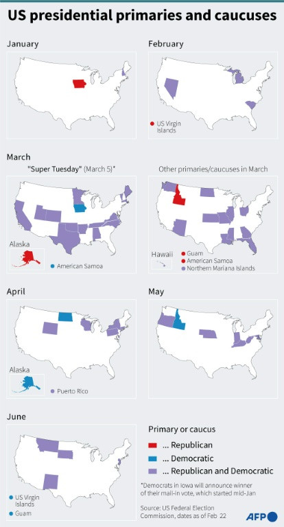 Maps of the US showing by month the states and territories that will vote during the primaries and caucuses to choose a presidential nominee for the Democratic and Republican parties.