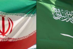 The national flags of Iran and Saudi Arabia