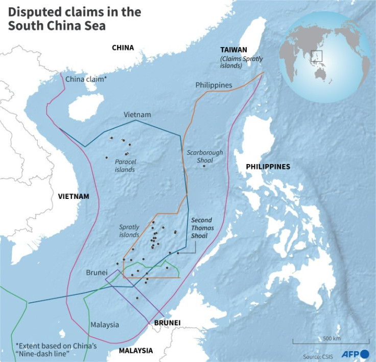 Map showing the extent of disputed claims in the South China Sea.