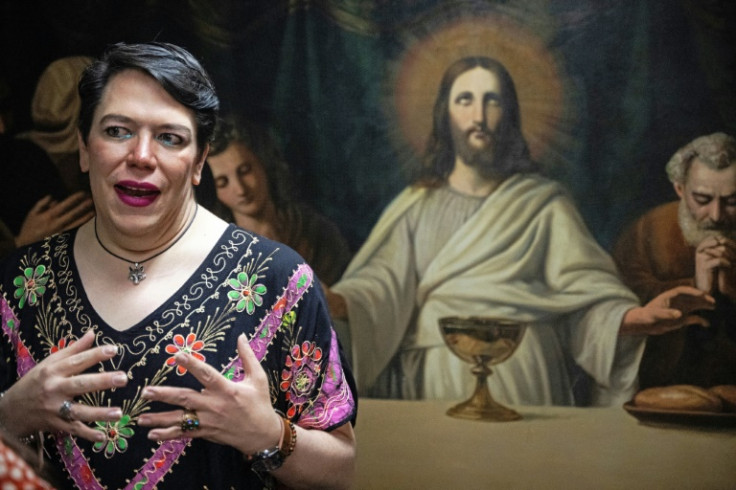 Regina, who identifies as non-binary, speaks at the Sagrada Familia church in Mexico City before a mass that promotes the inclusion of the LGBTQ community