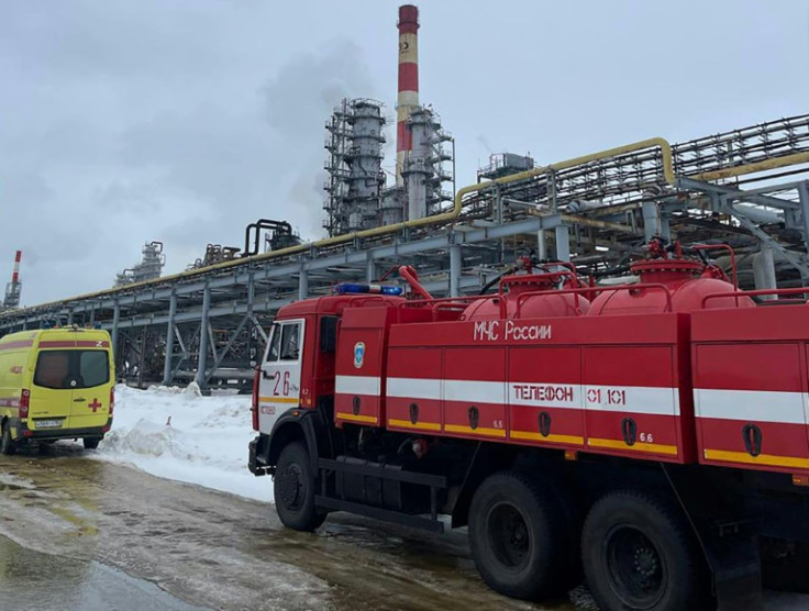 Emergency vehicles at the spot of a fire at an energy complex in the town of Kstovo