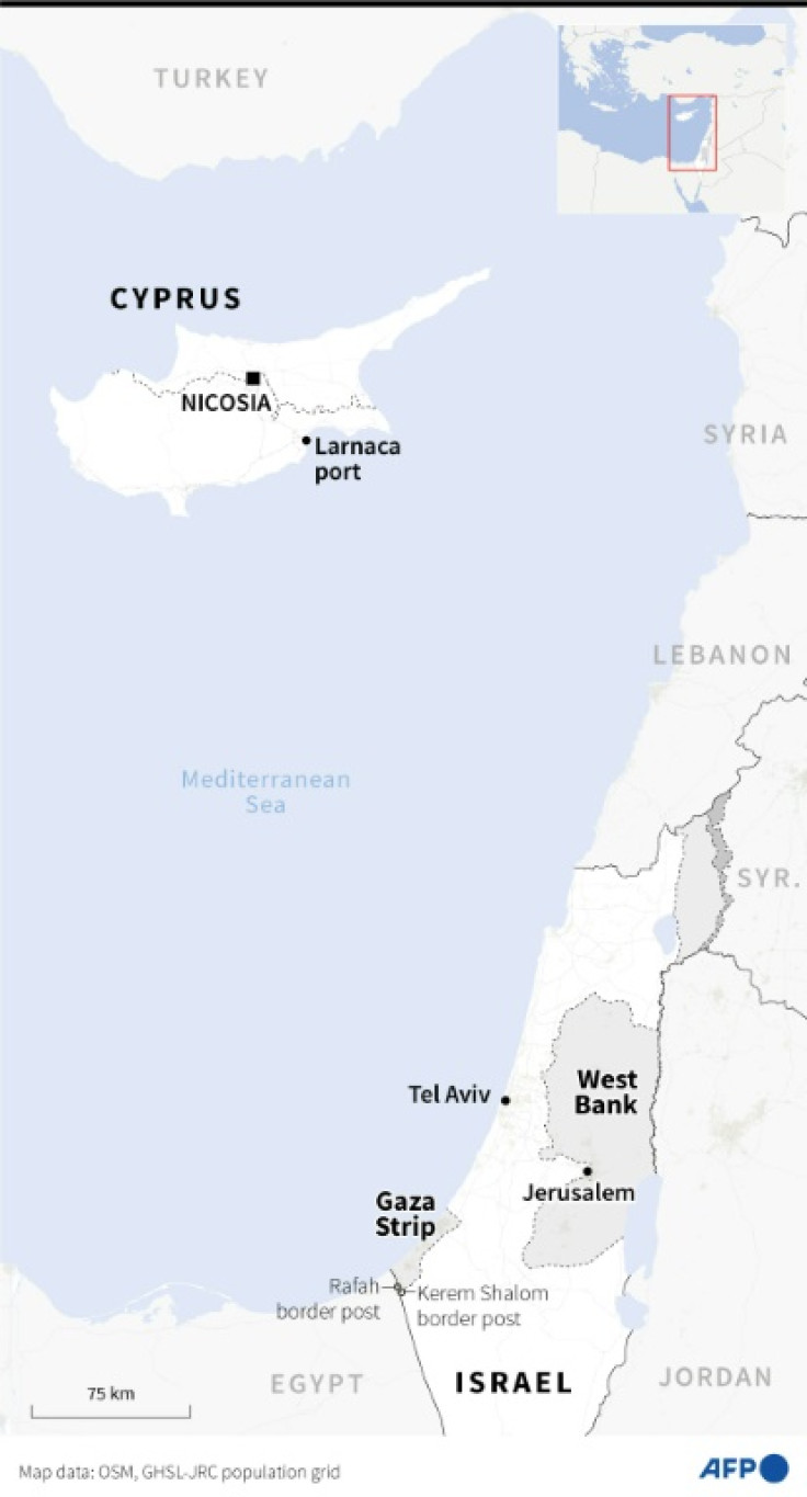 Map showing Larnaca port, Cyprus, as well as the Palestinian territories and Israel