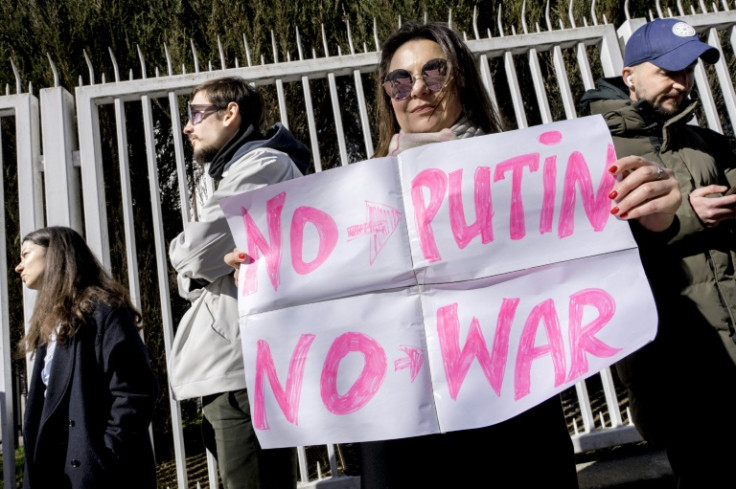 Protesters outside Russia's embassy in Copenhagen