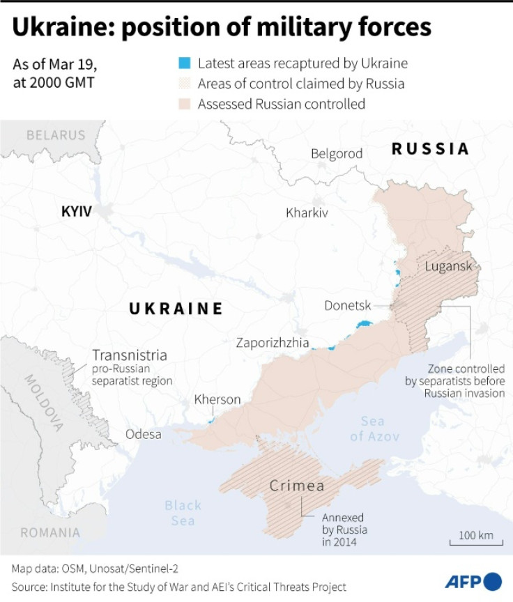 Map of areas controlled by Ukrainian and Russian forces in Ukraine, as of March 19, 2000 GMT