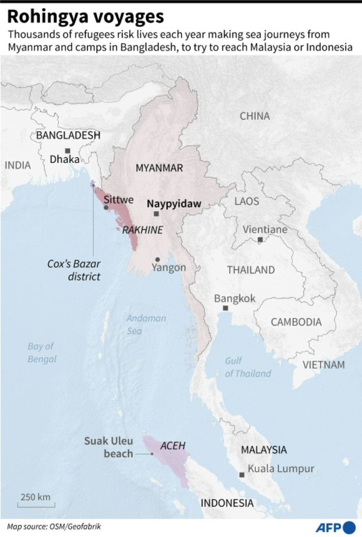 Map showing the Andaman sea between Myanmar and north-west Indonesia. Thousands of Rohingya refugees risk their lives each year on long and expensive sea journeys, often on flimsy boats, to try to reach Malaysia or Indonesia.