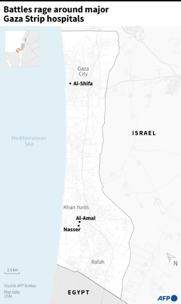 Map of the Gaza Strip showing hospitals affected by Israeli army operations on March 25, 2024