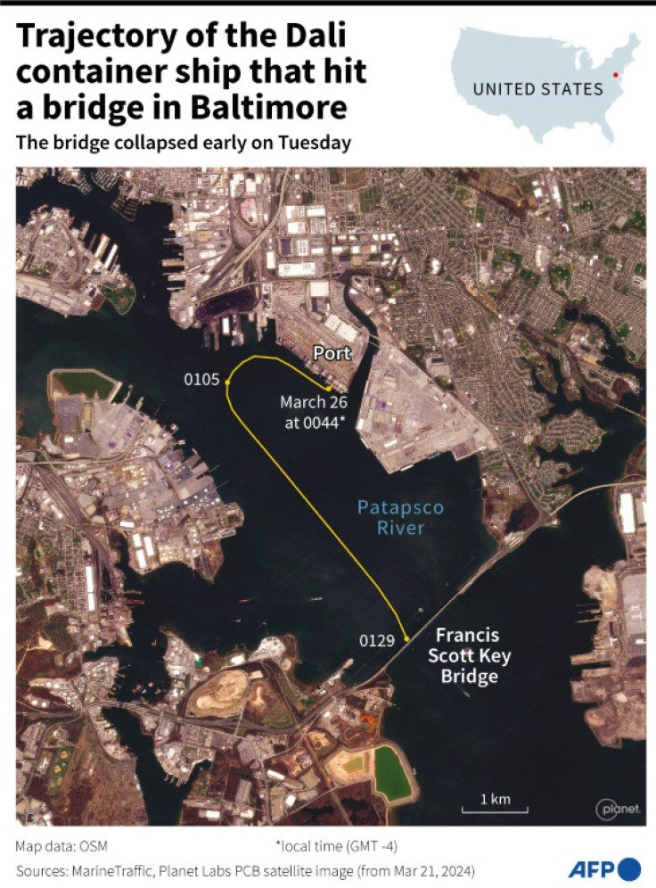 Satellite image showing the trajectory of the ship that struck the Francis Scott Key Bridge in the US city of Baltimore