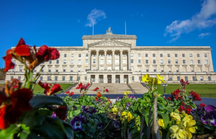 Flowers are pictured growing in front of Parliament buildings, the seat of the Northern Ireland Assembly, in Stormont on January 30, 2024