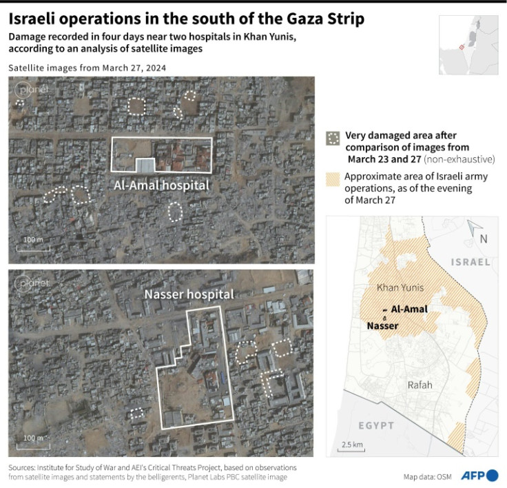 Map showing damage near Nasser and Al-Amal hospitals, in Khan Yunis, where soldiers were continuing operations in the area on March 28, based on a comparison of satellite images between March 23 and 27