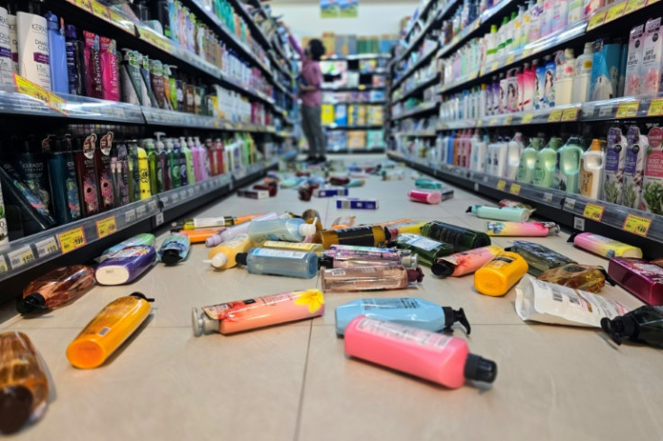 Bottles strewn on the floor of a supermarket in Yilan, after a major earthquake hit Taiwan's east