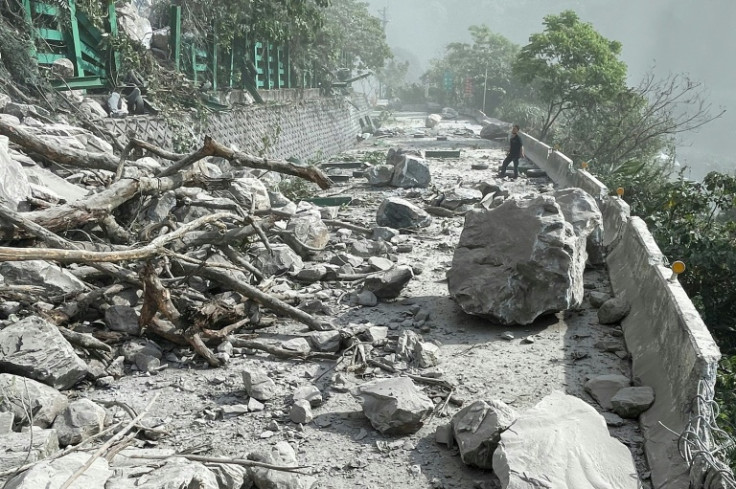 Debris on a road in Hualien, after a major earthquake hit Taiwan's east