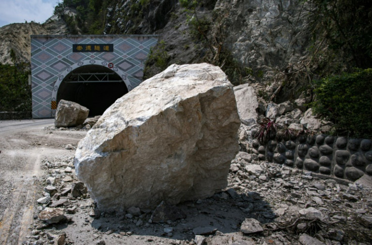 Rocks have fallen in front of the Chongte tunnel after an earthquake in Hualien