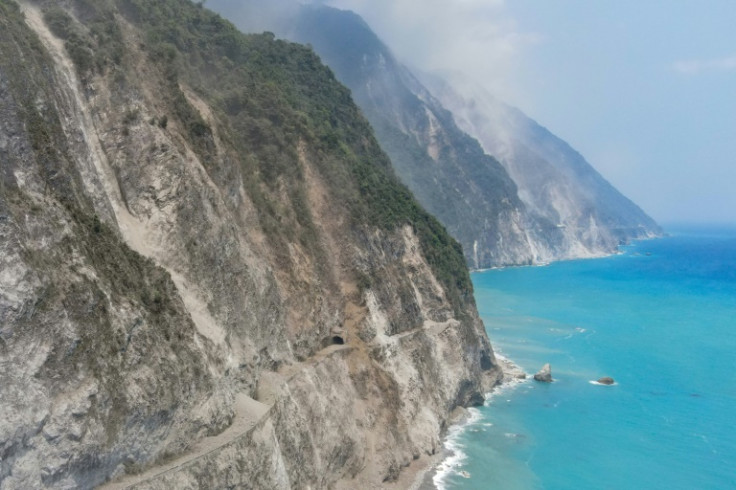 Mud ashes cover Ching-shui Cliff's tunnel after an earthquake hit in Hualien